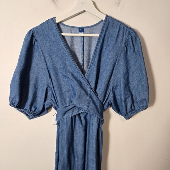 Old Navy Women's Size XL Fit & Flare Twist-Front Denim Maxi Dress Puff Sleeves - Picture 3 of 9